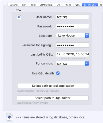 Screen shot of my LOTW preferences